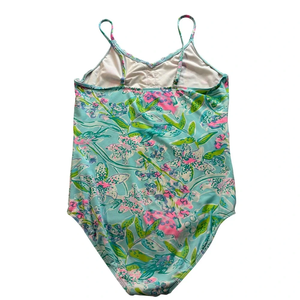 Lilly Pulitzer Girls Blue Floral Fish Print One Piece Swimsuit Eyelet Trim 14